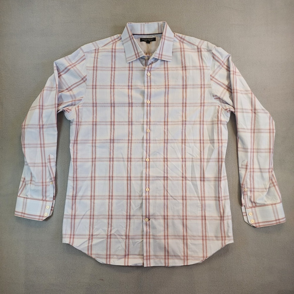 Banana Republic Non‎ Iron Slim Fit Large Plaid Dress Shirt Mens L Long Sleeve...